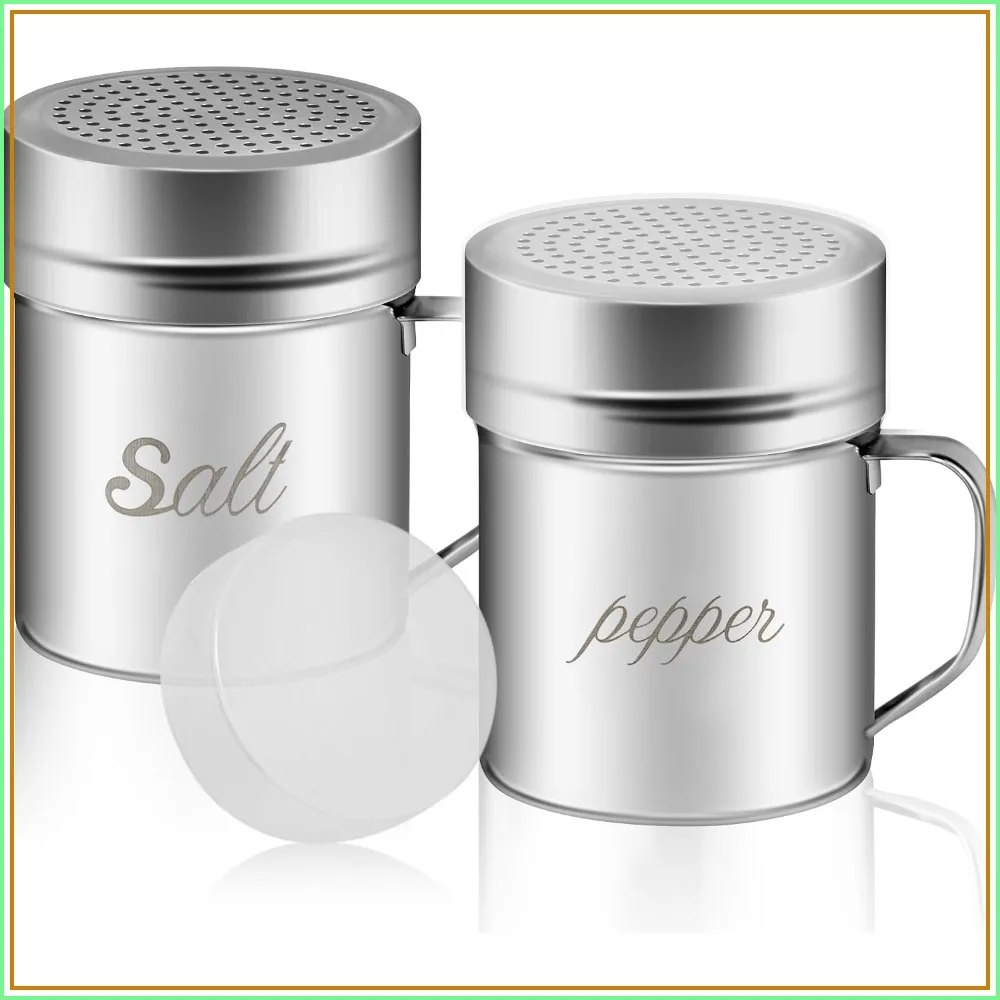 Stainless Steel Salt and Pepper Shakers Set, 10 OZ Seasoning Spice Shaker with Lid and Handle 127 Holes for Cooking Baking
