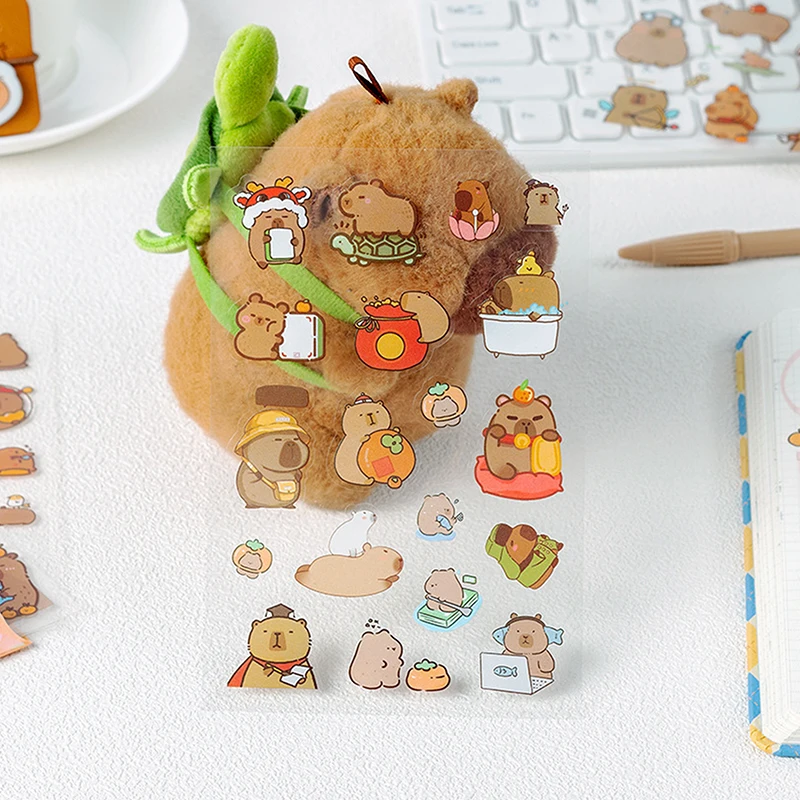 Capybara Cartoon Stickers, Transparente, Impermeável, Material Escolar, Diário, Decoração, Papelaria, Bonito, 6 Folhas por Pacote