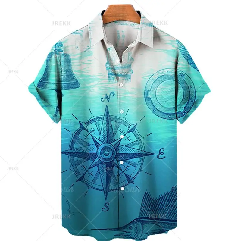 

Unisex Retro Men's Hawaiian Shirt Plus Size Shirt Sailboat Compass Marine 3D Printed Retro Men's Shirt Loose Short Sleeve Tops