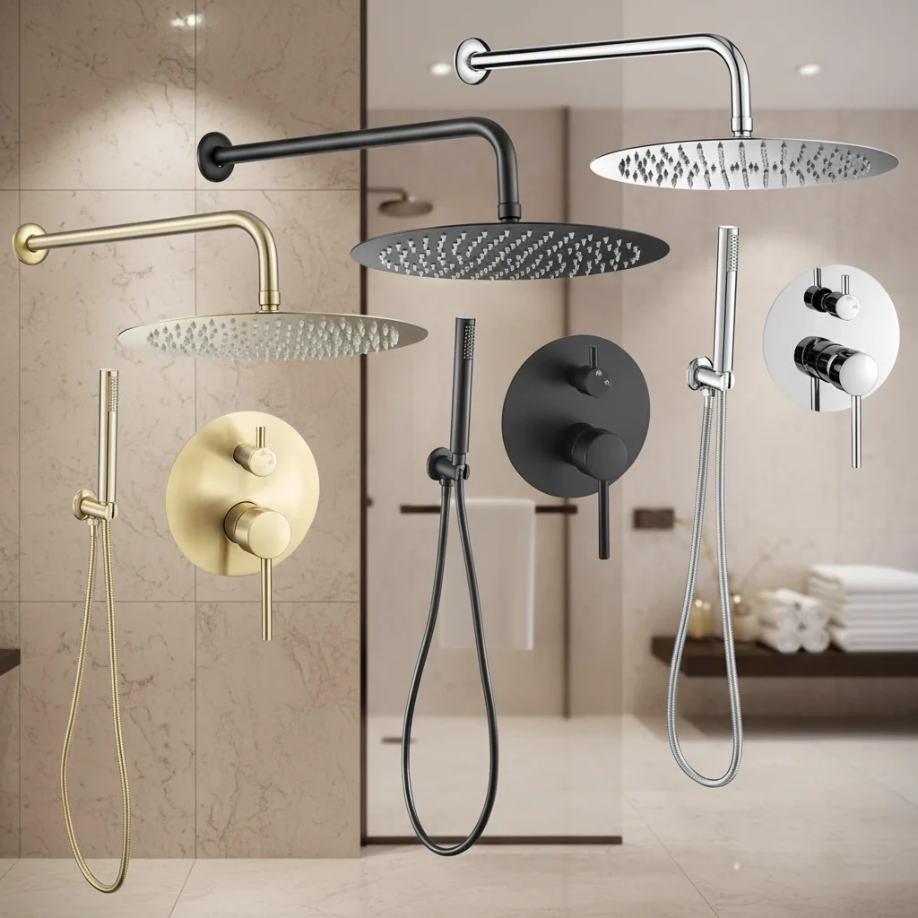

Gold Shower Faucet System with High Pressure Thermostatic Rain Shower Head and Brass Hand Mixer Body and Trim Set