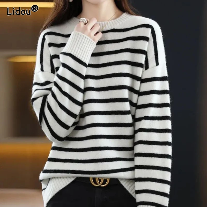 T-Shirts Thin Pullovers Striped Women\'s Clothing Loose Autumn Winterr Popularity Simple Casual Comfortable Round Neck Bottoming