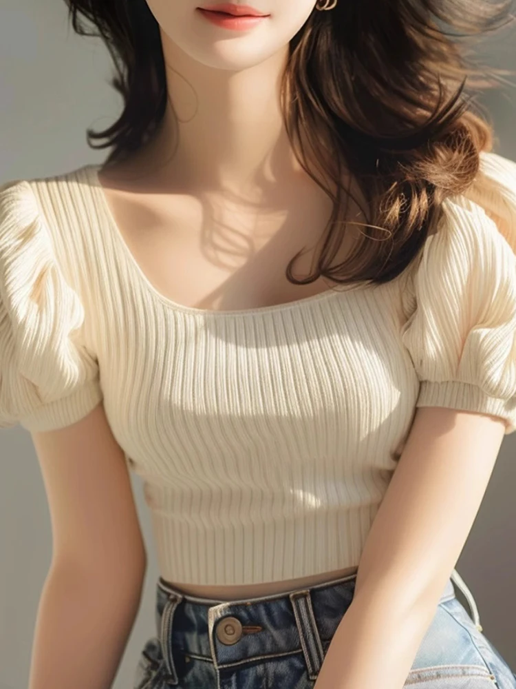 Chic ort Ice Silk Knitted Bubble Sve T-shirt coreana Sle Commute Faion Slim Fit Summer Wear Unico ed Ele