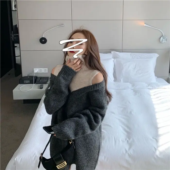 Autumn and Winter Korean Version Sexy Off Shoulder Fake Two Piece Top High Neck Medium Long Sleeve Sweater for Women