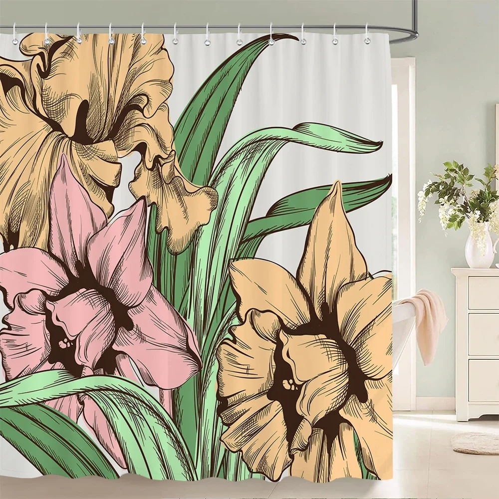 

Занавески для душа с синими цветами и крючками, украшение для дома для растений, цветочная занавеска для ванной комнаты, занавеска для ванной из полиэстера