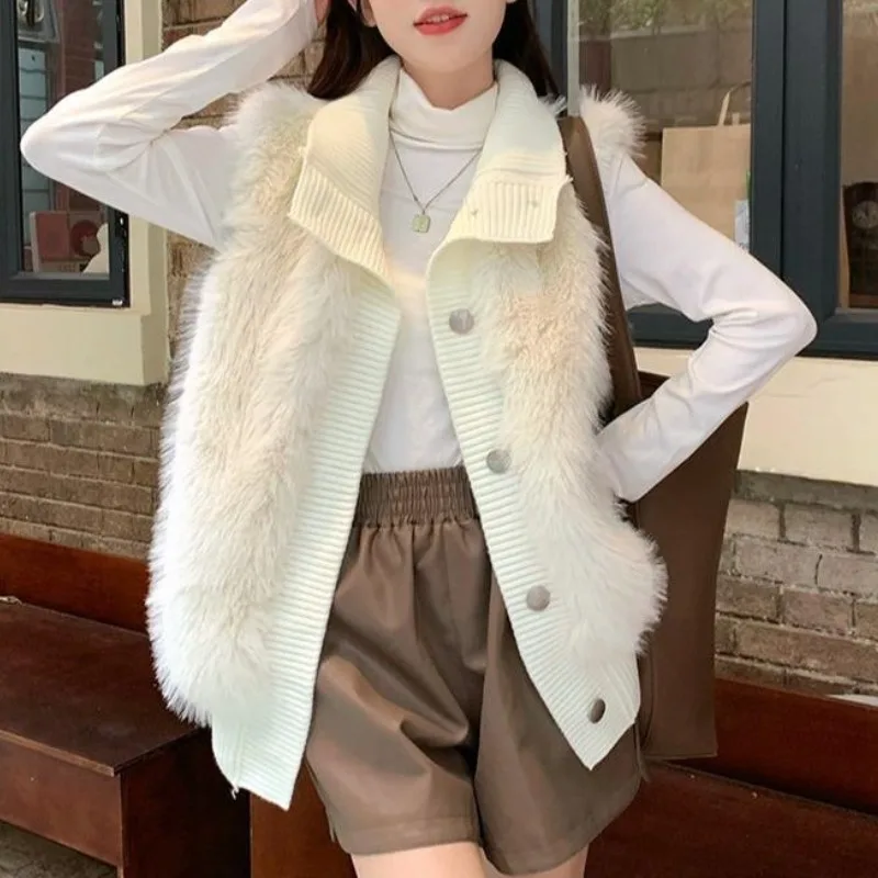 

Women's Lapel Furry Vest Autumn Winter New Fashion Patchwork Solid Color Imitation Mink Velvet Cardigan Button Sleeveless Coats