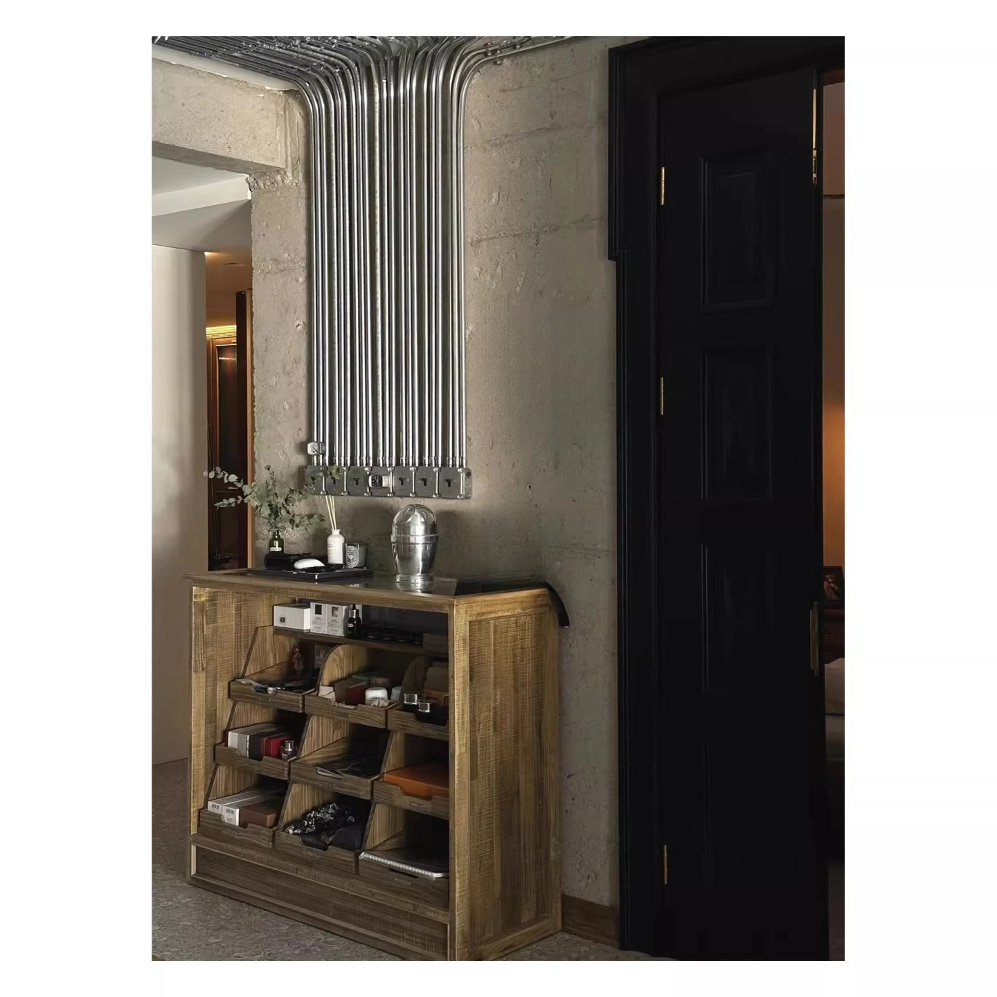 Solid wood drawer glass display cabinet, display collection cabinet retro entrance antique storage cabinet