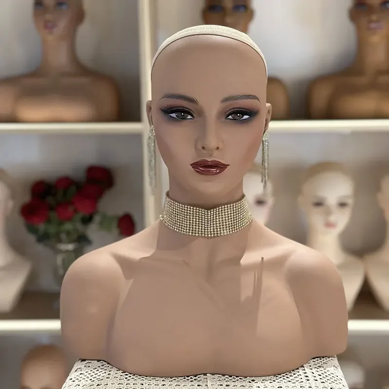 رأس عارضة أزياء أنثى واقعية مع أكتاف لقبعات الشعر المستعار تعرض دمية الدمية البلاستيكية #2