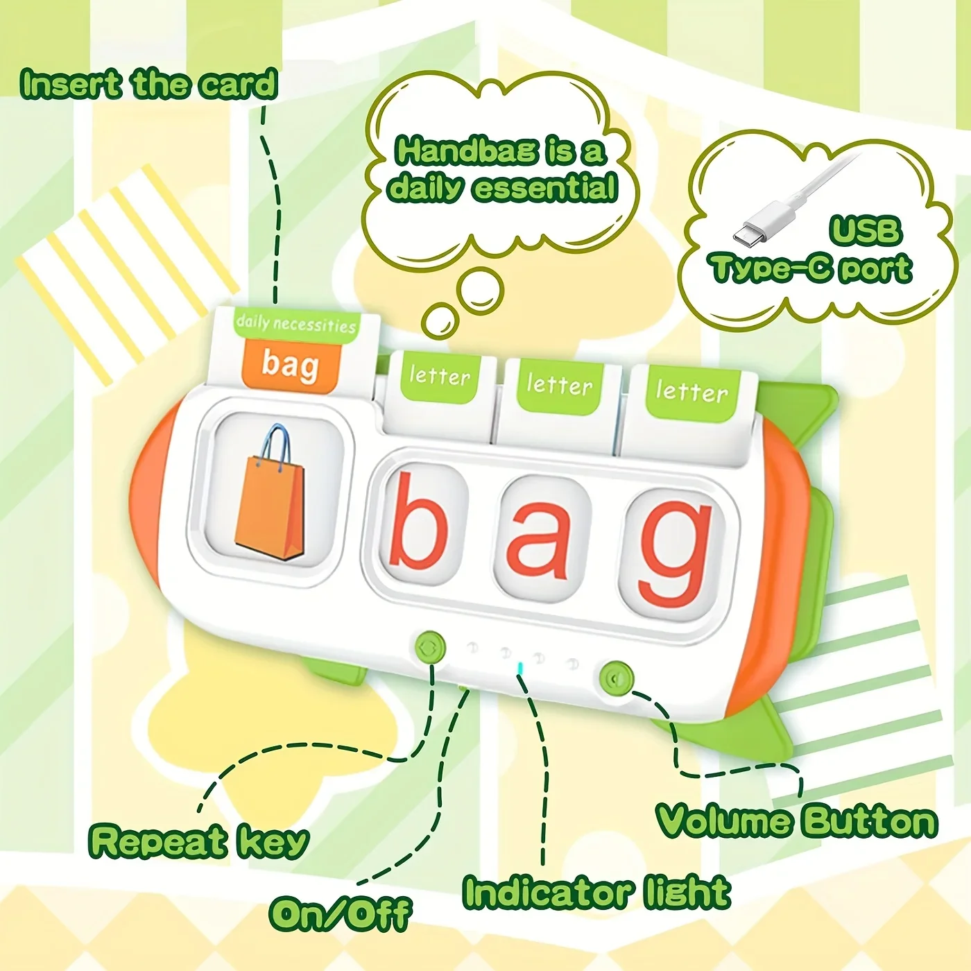 Talking Flash Card Machine Kids English Spelling Math Music USB Rechargeable Preschool Toy