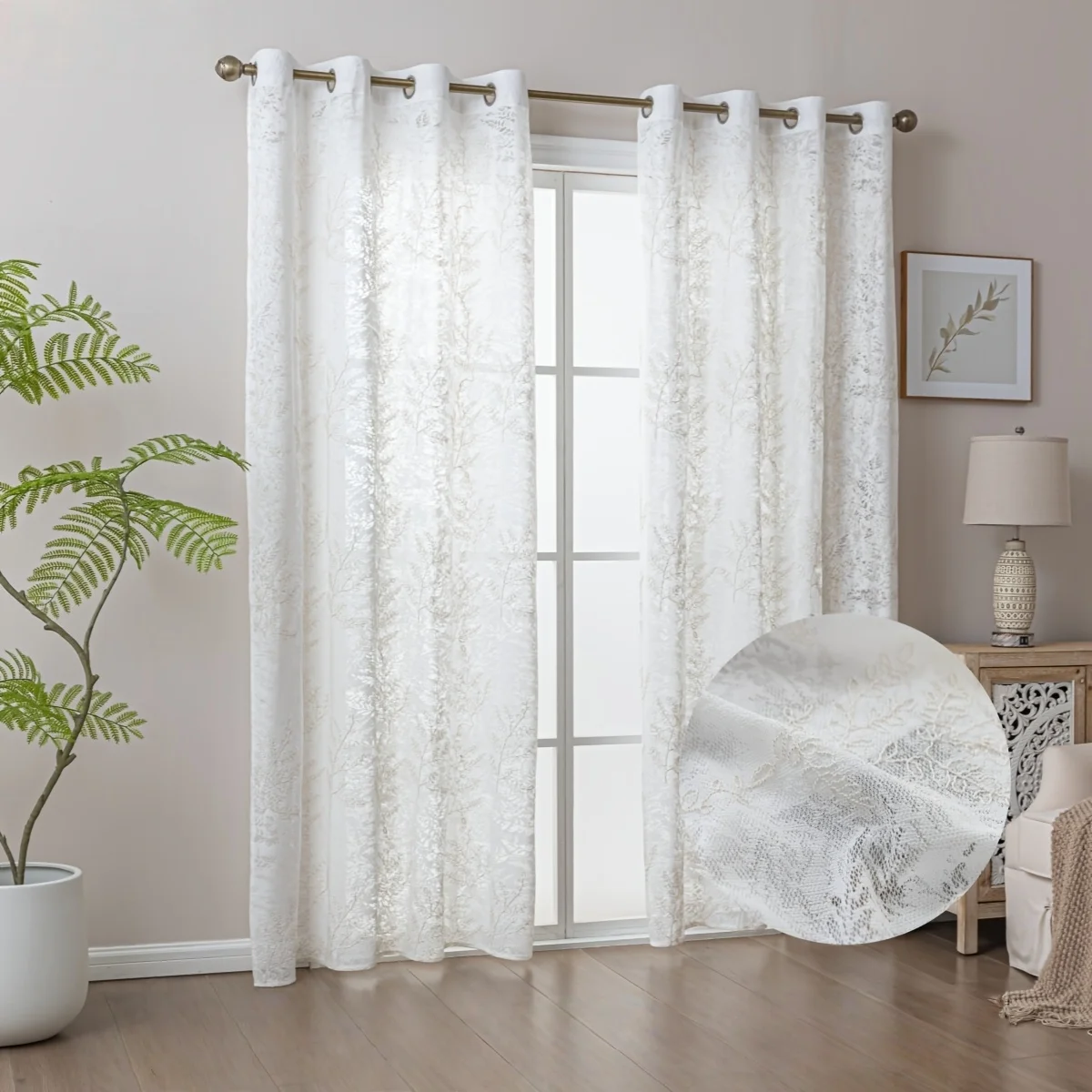 1pc White Light Gold Fern Leaf Embroidered Sheer Curtain, Light-Filtering Soft Sheer Curtain, Luxury Style Floor-Length Decorati