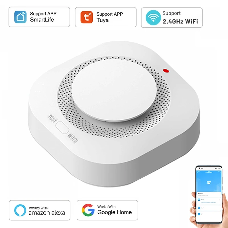 Tuya-Sensor Detector de humo Wifi, alarma de incendio, Monitor de Sensor de humo, alerta de sonido, trabajo de seguridad inteligente para el hogar con aplicación Smart Life