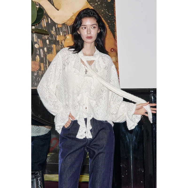 ELFSACK 2025 winter New Arrival Casual Elegant Lace Ruffle Collar Long Sleeve See Through Blouse For Woman