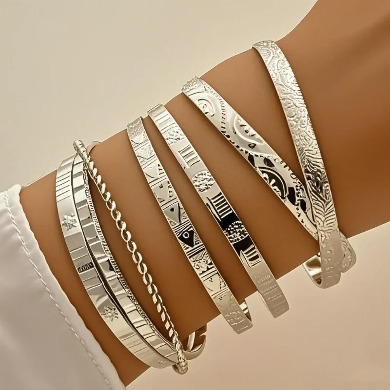 7 قطع خمر أنيقة المعين القلب تويست تصميم الإسورة سوار SilverColor السلس أساور مجموعة للنساء سحر المجوهرات هدية