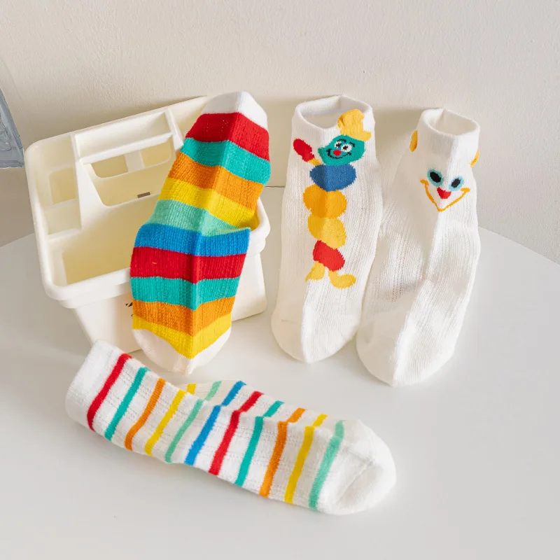 4 Pairs Summer Thin Kids Rainbow Trend Fashion Stripes Cute Boys and Girls Mesh Breathable Comfortable Cotton Socks