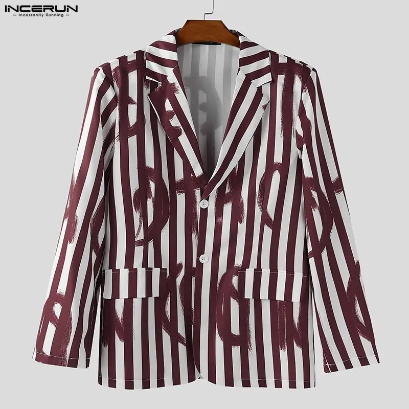 

INCERUN Men Blazer Printing Striped Lapel Long Sleeve Casual Male Suit Streetwear Loose Elegant Fashion Men Thin Coats Blazer
