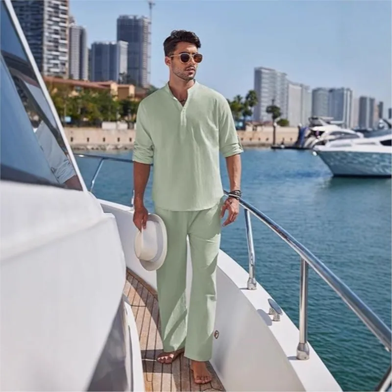 Summer New Men's Cotton Linen Shirt Set Vacation Men's Casual Henley Collar Long Sleeved Shirts + Beach Trousers 2-piece Set
