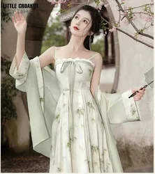 Summer Chinese Hanfu Dress 2pcs Improved Modern Style Traditional Bamboo Printed Cardigan Coat+ Dress 2pcs Sets Hanfu Female