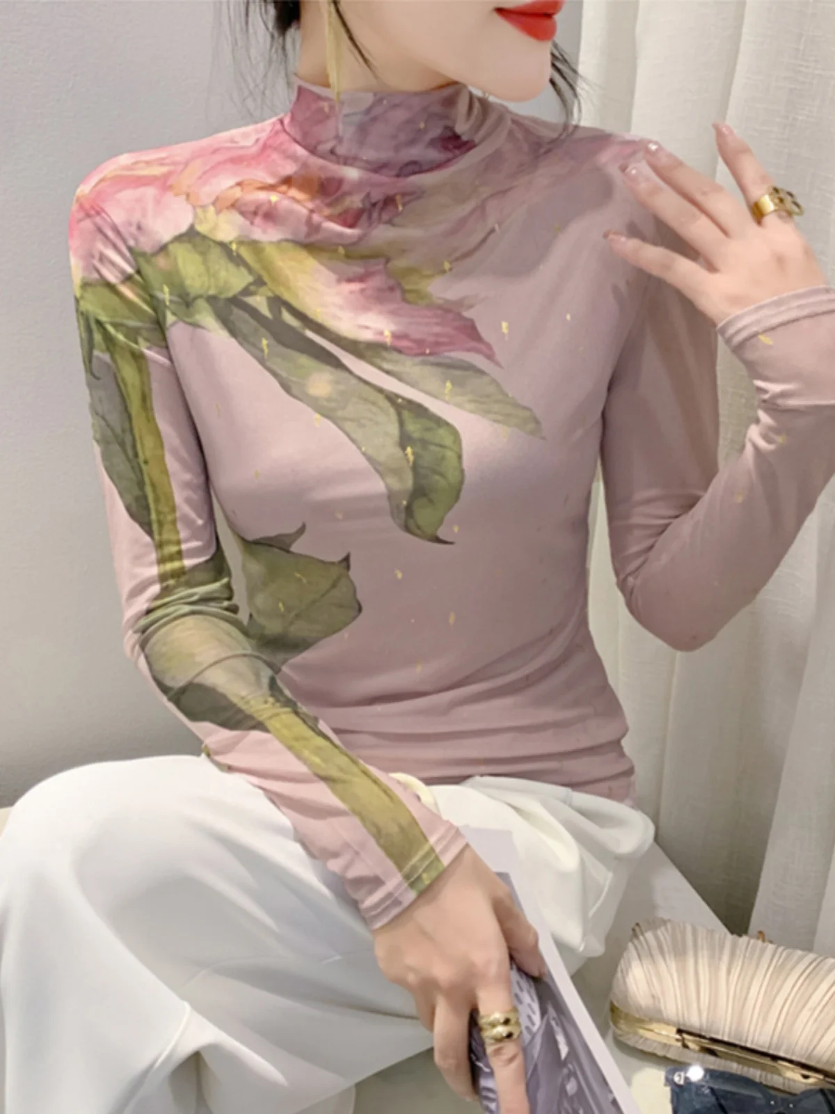 

Женская длинная футболка с принтом на подкладке Sve Fce и высоким воротником, приталенная основа, модная футболка для поездок на работу, креативный узор