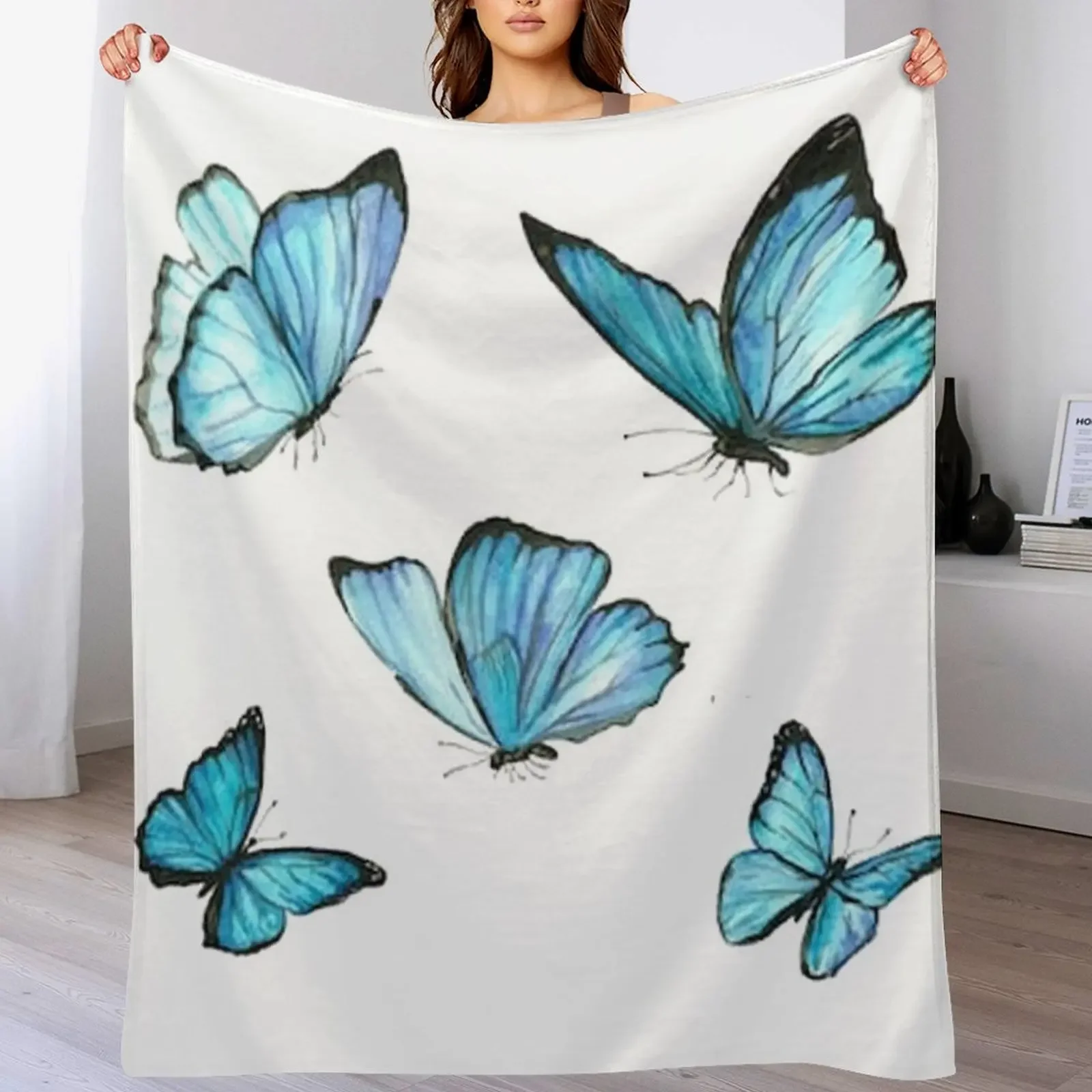 

Blue Watercolor Butterflies Throw Blanket Shaggy Furry Soft Blanket for Bedroom Living Room