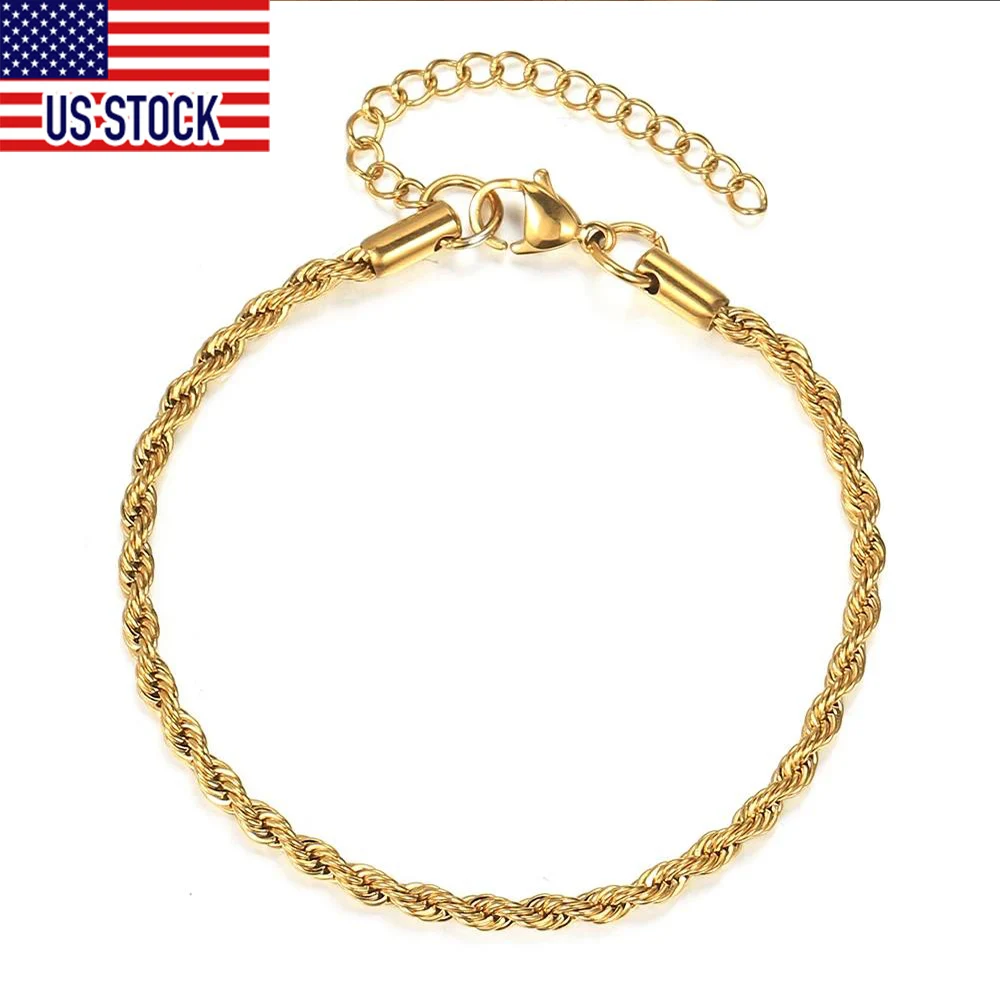 Adjustable Stainless Steel Twisted Rope Link Chain Bracelets For Men Women 2-6mm Gold Silver Color Chain Wholesale KB682A