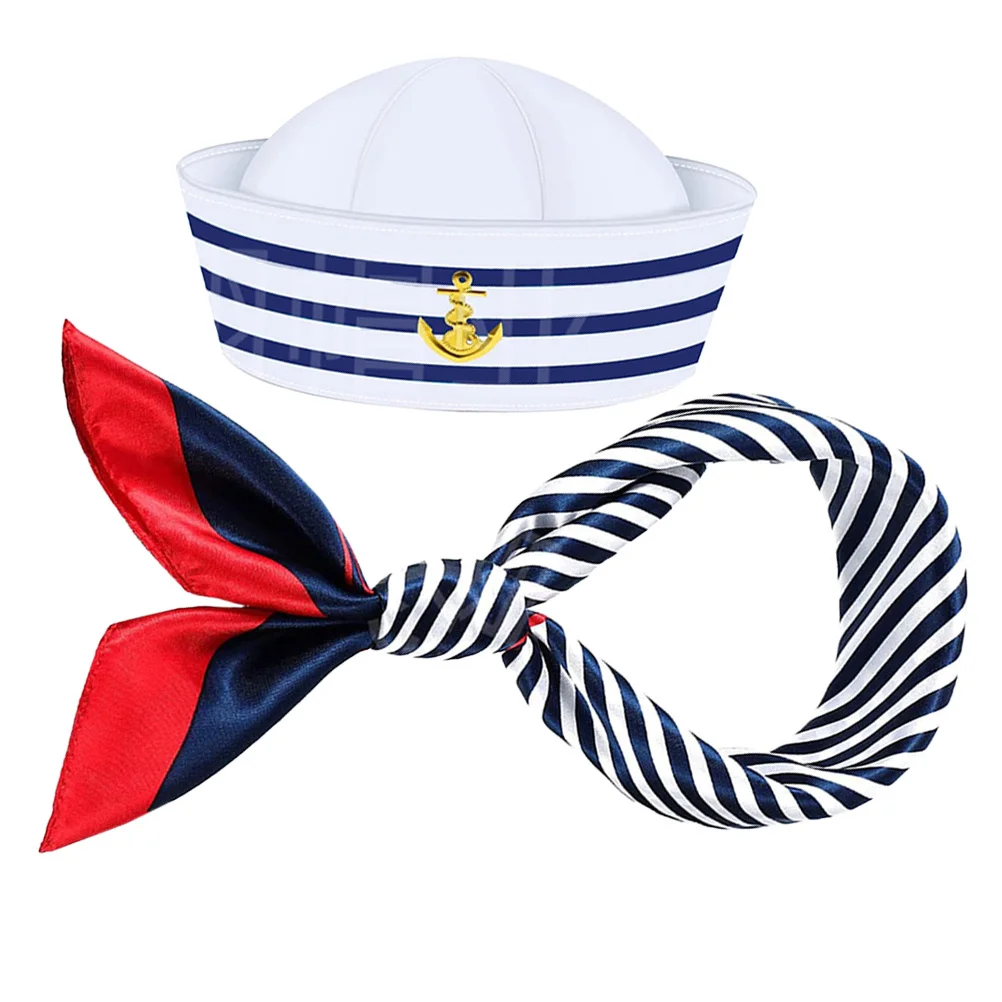 

Blue White Stripe Captain Hat Scarf Set Sailor Party Outfit 58cm Circumference Stylish Marine Themed Accessories