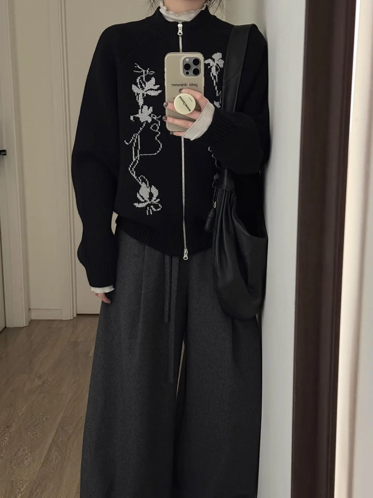 

Lazy Sle Knitted Sweater oulder Zipper Loose Fit Double Zipper Flower Patterned Casual Spring New Arrival Women's Top