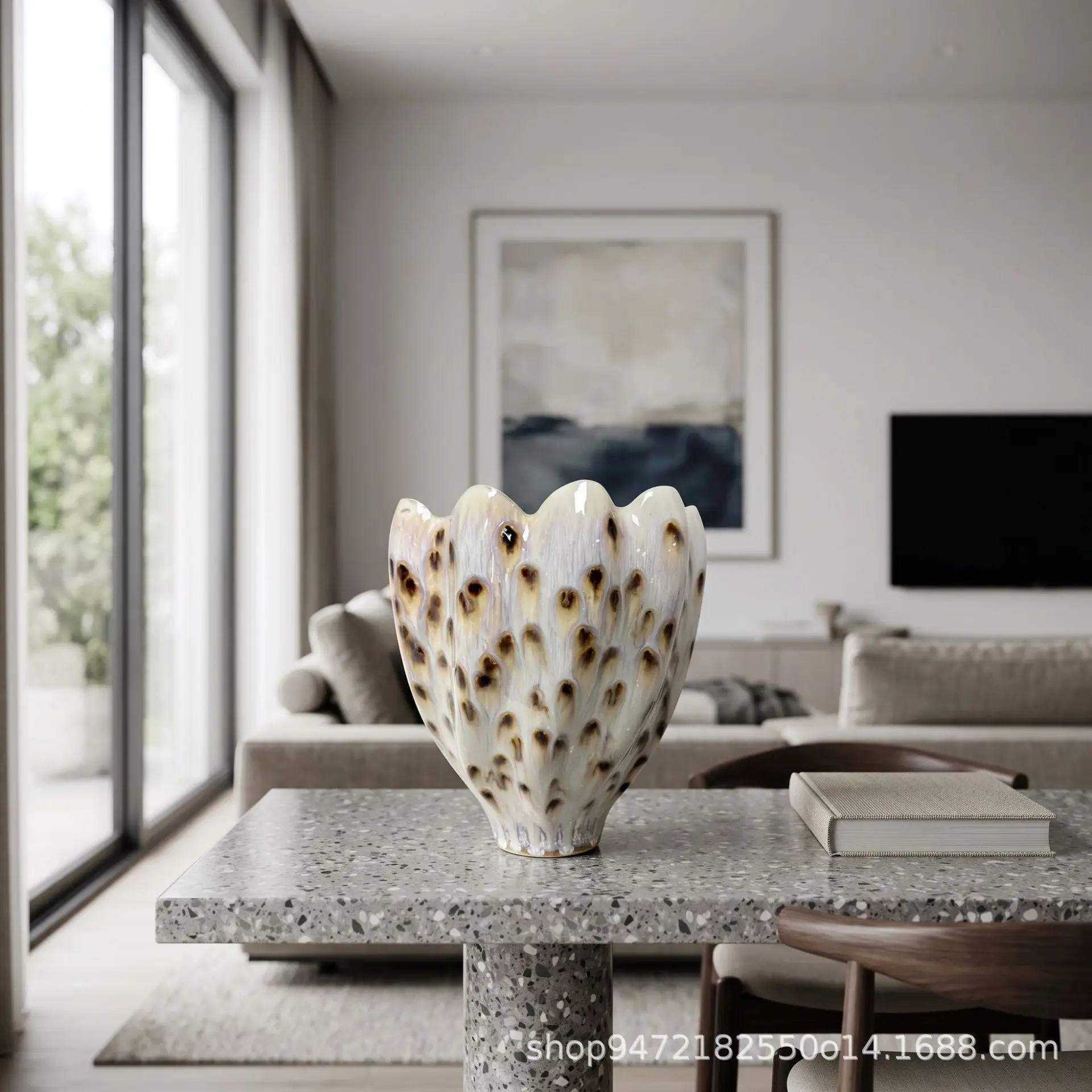 Leopard print glaze wavy mouth ceramic vase, modern light luxury living room soft flower ware
