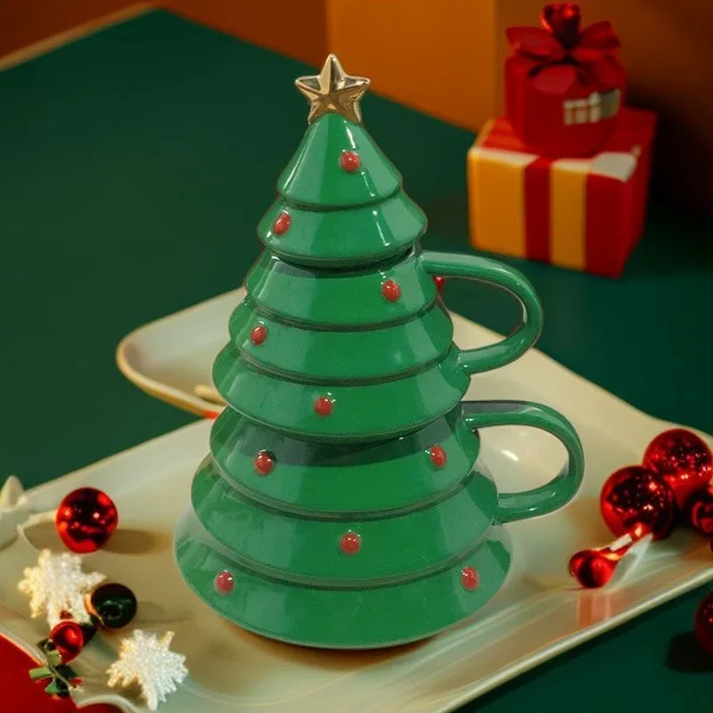 Ceramic Christmas Tree Mug Coffee Cup With Lid Cute Holiday Water Cup Milk Tea Drinkware Christmas Party Gift Photo Props