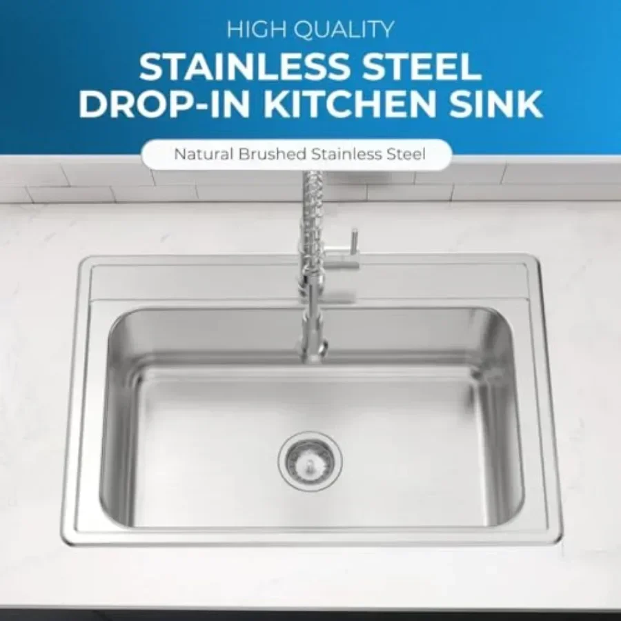 Kitchen sink for residential use, stainless steel, brushed finish, 20 gauge T304 18/10, single bowl drop-in, 33-inch length x 2