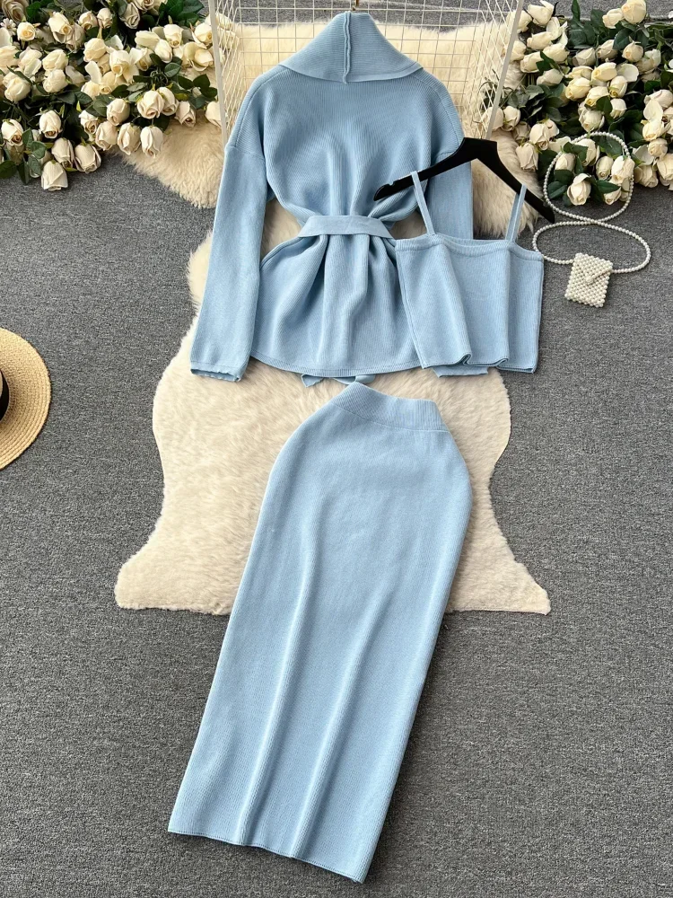 Frankrijk Mode Blauw Gebreide 3-delige Set Dames Warme Vesten + Camis + Lange Rok Vrouwelijke Elegante Warme Dikke Sweaterpakken