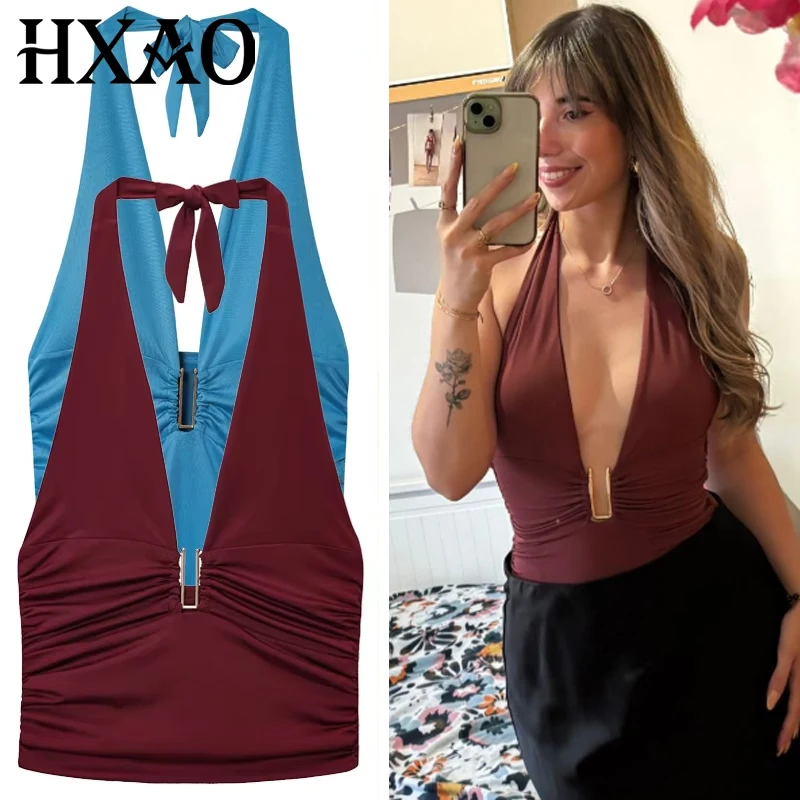 

HXAO Summer Top Ruched Wine Red Women Bow Laced Tank Halter Tops Sleeveless Strapless Tops Neck Hanging Top With Open Shoulders
