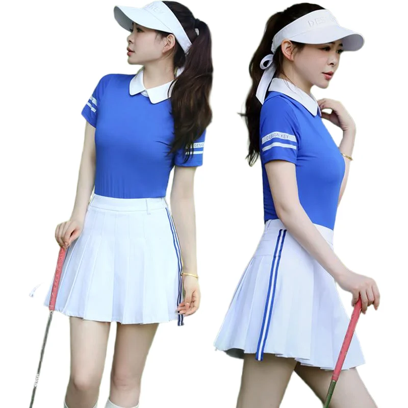 

DK Golf Женские рубашки поло с короткими рукавами Тонкая быстросохнущая футболка Топы для гольфа с лацканами Плиссированные юбки с высокой талией Полосатые теннисные шорты