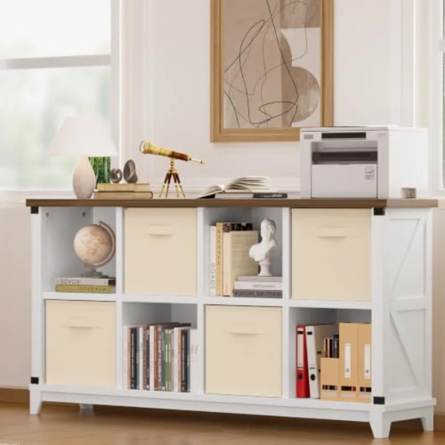 8-cube storage organizer for living room use, white and walnut wood frame with 4 beige fabric bins, lightweight yet sturdy desi