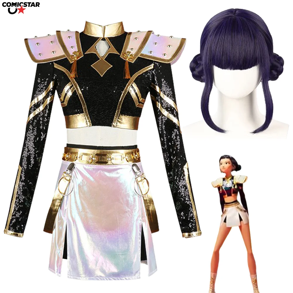 

Kpop Demon Hunters Huntrix Girls Zoey Cosplay Detailed Black Gold Costume Purple Wig Wepon Prop For Woman Roleplay Halloween