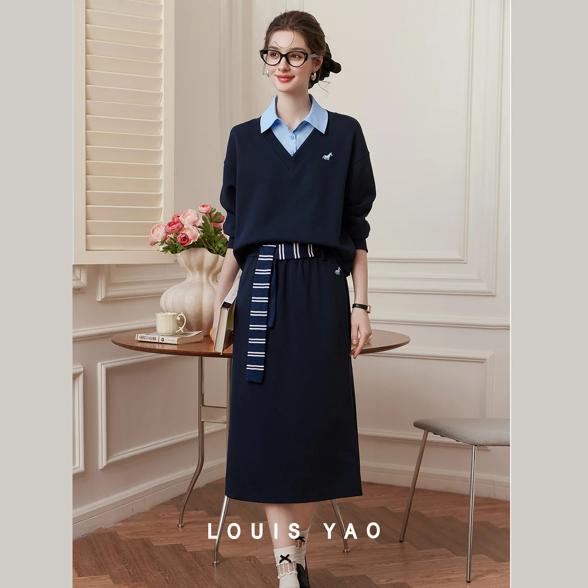 LOUIS YAO Casual Women's Set 2026 Spring Color-block Belt Patchwork Collared Hoodie & Skirt Fake Two-piece Outfit for Women