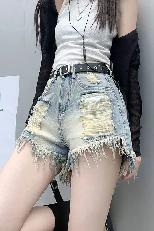 

Female High Street Hot Girl High Waist Ripped Burrs A-line Blue Denim Shorts