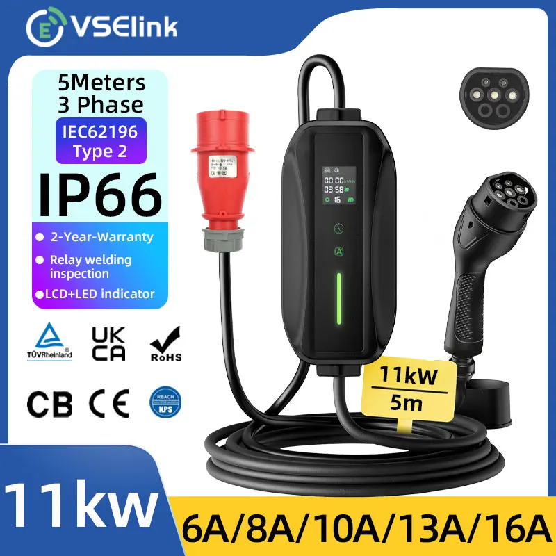 EVSELink 전기 자동차용 휴대용 EV 충전기, EVSE 충전 박스, 타입 2, 5M 케이블, 3 상, 16A, 11KW