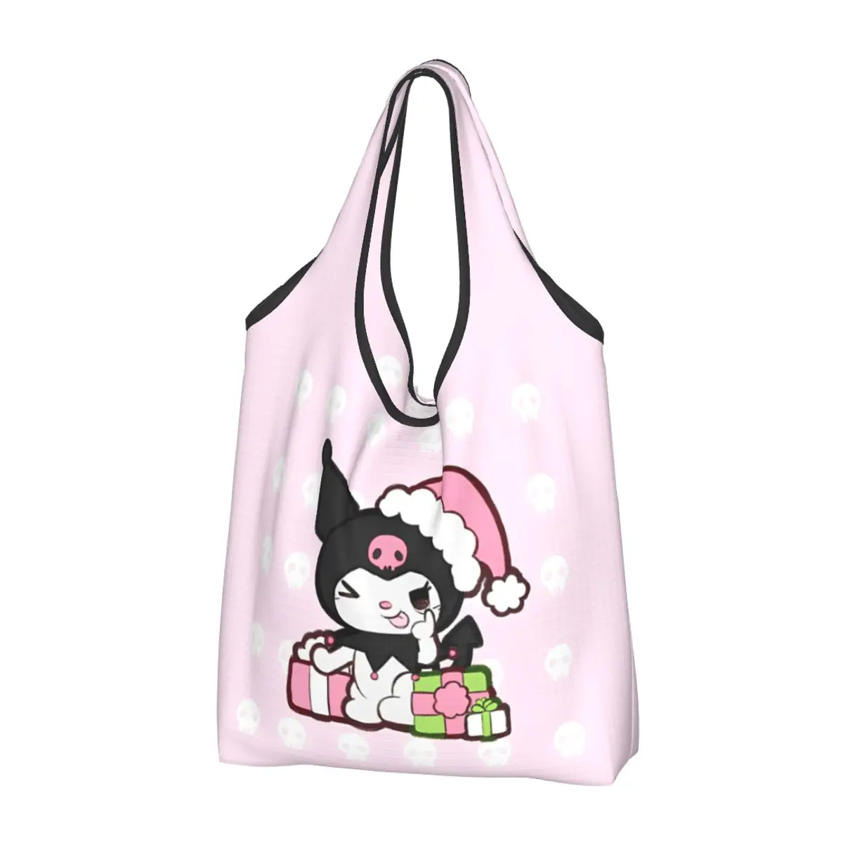 Reusable Pink Kuromi Christmas Cutie Grocery Bag Foldable Machine Washable Shopping Bags Large Eco Storage Bag Attached Pouch