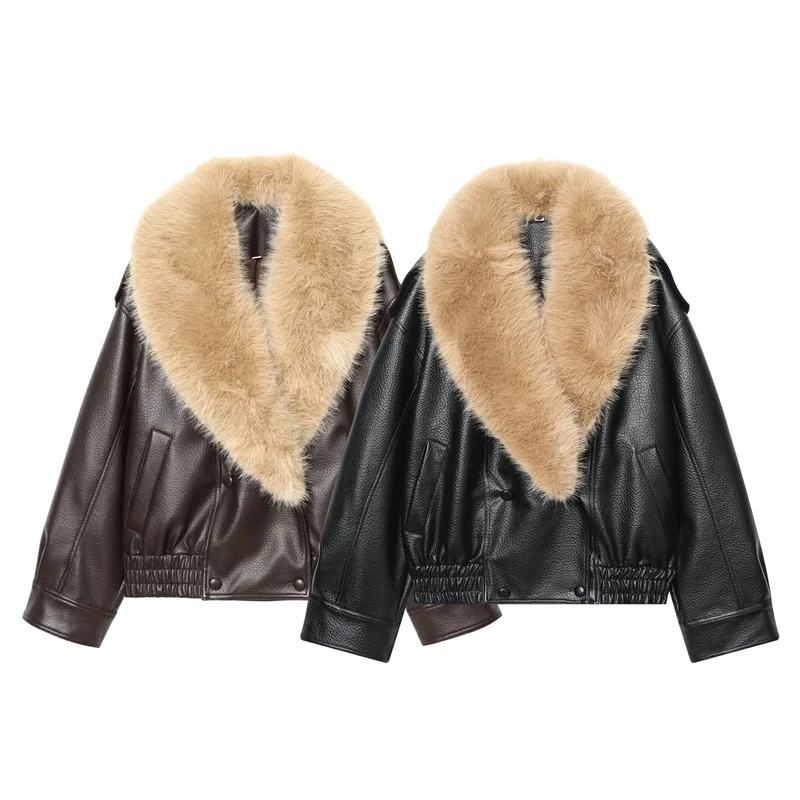 Women's Vintage Faux Leather Jacket with Large Faux Fur Collar, Double-Breasted, Short Winter Biker Street Style Coat