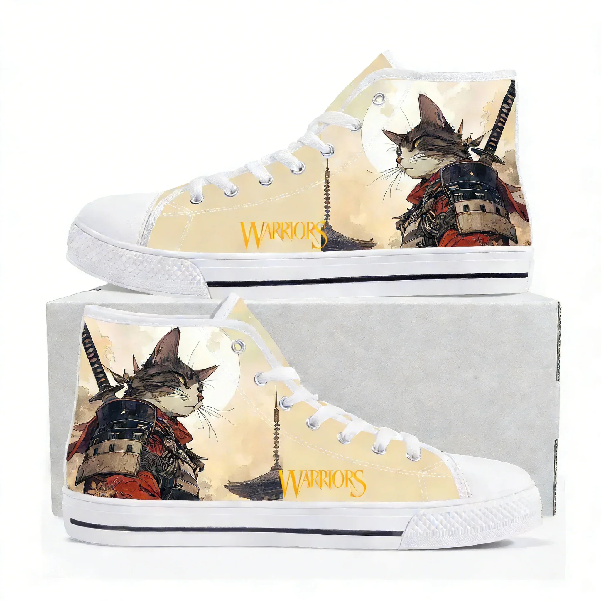 

Кроссовки Cat Warrior High Top высокого качества для мужчин, женщин и подростков, повседневные модные кеды из канваса с анимационными принтами, обувь на заказ
