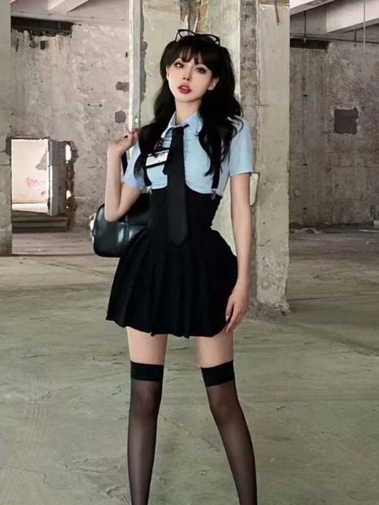 Preppy Style Womens Two Piece Sets Shirt Sexy Outfit High Waist Corset Strap Pleated Skirt Vintage School Uniform Suit Summer