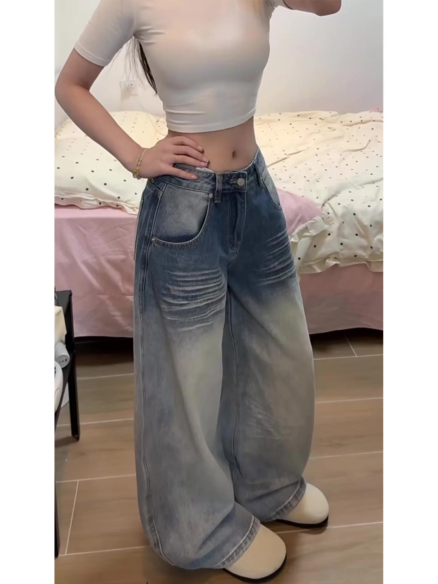 

Женские широкие джинсы больших размеров, светло-голубые, винтажные, свободного кроя, с высокой талией, повседневные брюки для полных женщин, весна 2026