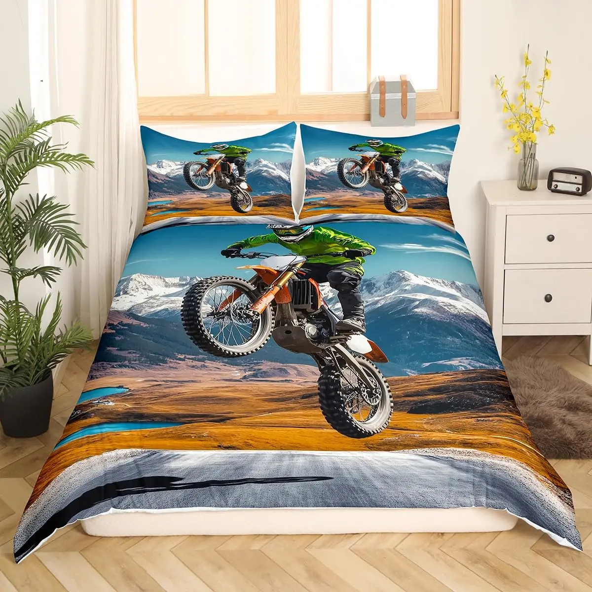 Bicycle Rider Duvet Cover Toddler Size for Kids,Mountain Bike Bedding Set for Teens Adults,Watercolor Quilt Cover