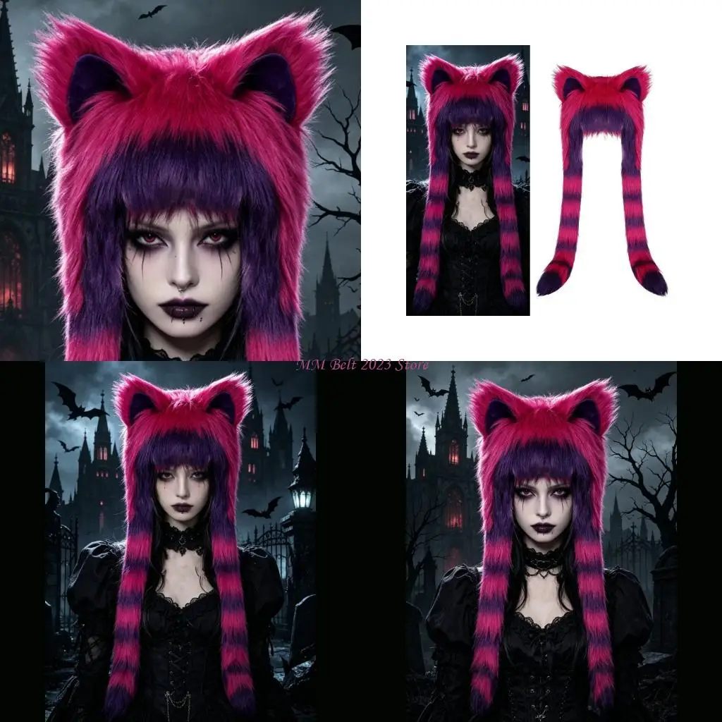 49ME Plush Pointed Ear Earflap Hat with Long Side Panels, Gothic Headwear for Cosplay Festival and Cold Weather Looks