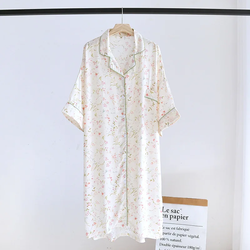 Cotton Short Sleeved Lapel Cardigan Spring Summer Loose Home Dress Casual Women Nightgowns New Printed Ladies Nightshirt