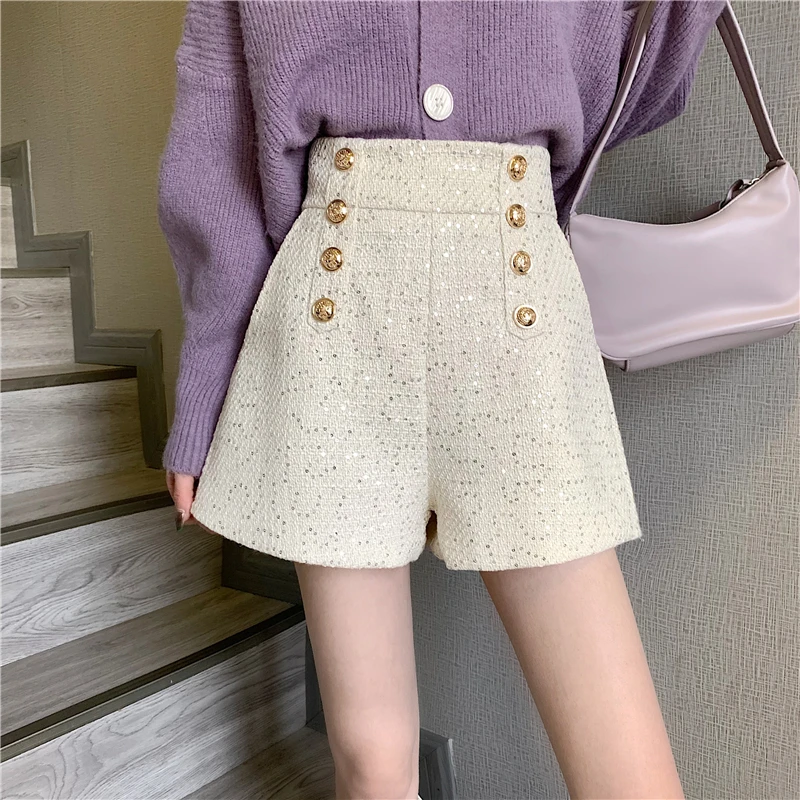 여성용 빈티지 더블 브레스트 캐주얼 반바지, 하이웨이스트 A라인 와이드 레그, 여성 하의, 골든 버튼, 우아한 오피스 레이디 섹시