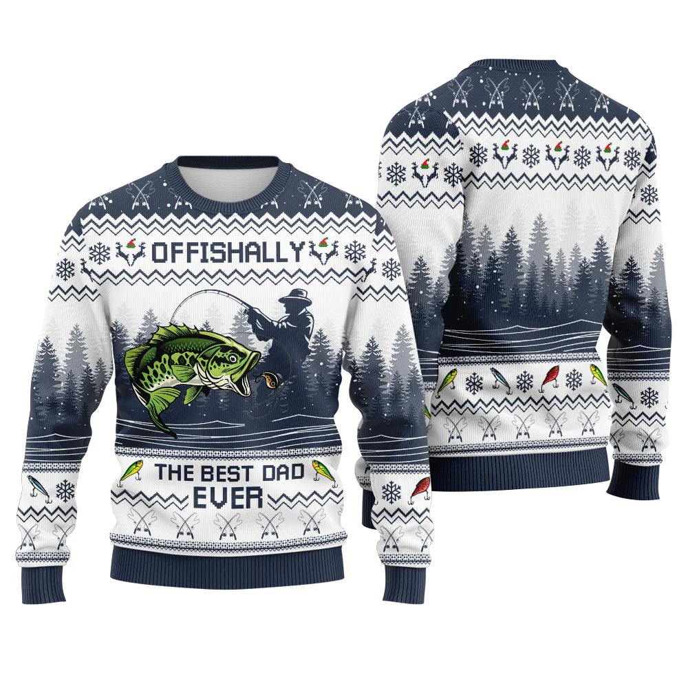 Offishally The Best Dad Ever Fishing Print (Bass  Angler) Winter Ugly Hoodie Women's Casual Pullover Harajuku Festive Streetwear
