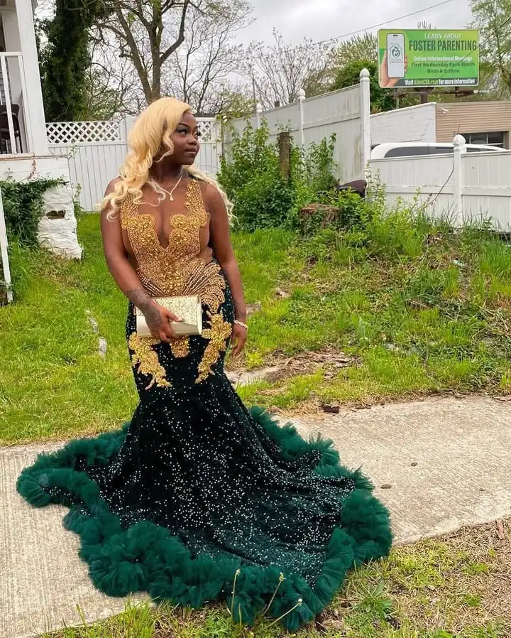 

Прозрачные золотые и темно-зеленые вечерние платья с v-образным вырезом, модное вечернее платье 2025 года, кружевное платье для выпускного вечера с аппликацией и блестками