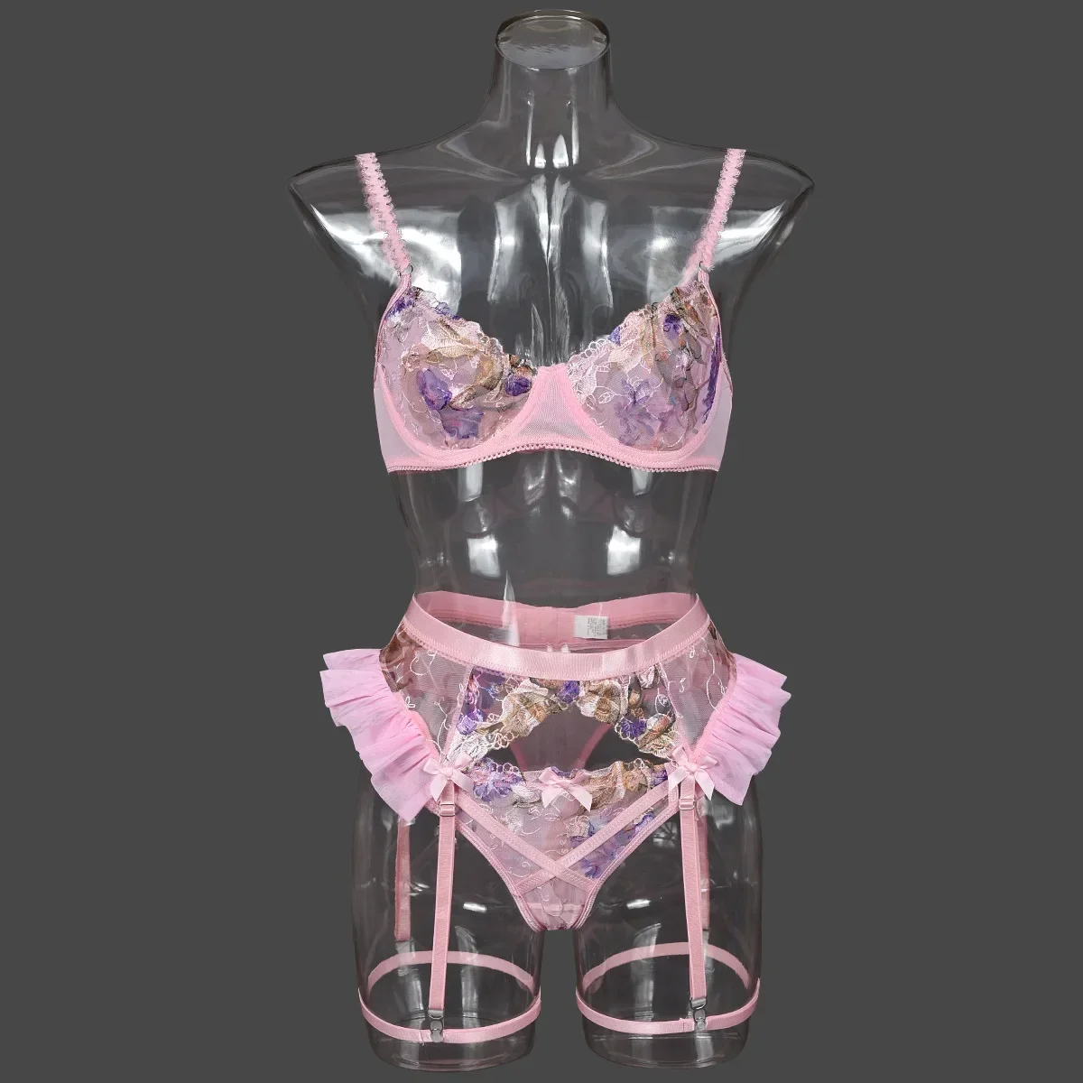 

Sexy Unlined Floral Embroidery Lingerie Sets Mesh Patchwork See-through Bra Brief Underwire Sets Fancy Erotic Outfits