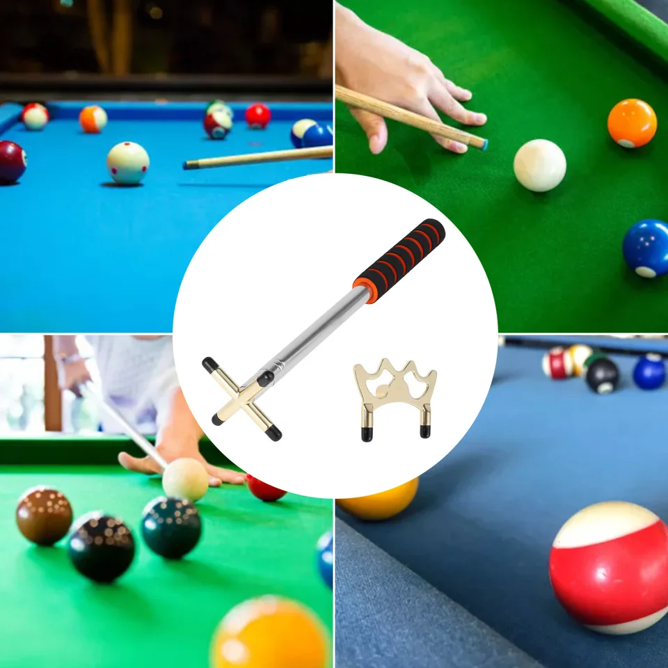 RAYNA GAMES Palo De Billar Retráctil De 65.6" | Puente Con 3 Cabezales De Latón | Acero Inoxidable | Agarre Antideslizante | Accesorio Profesional Para Mesa De Pool