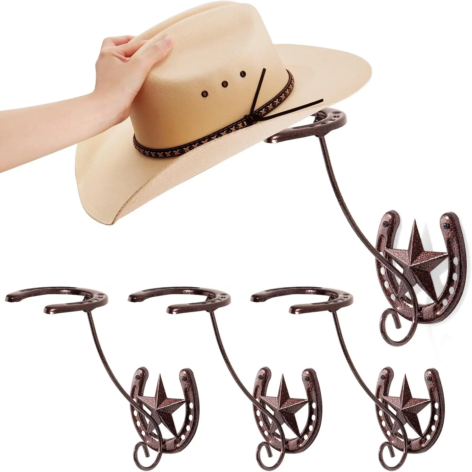 

Western Wall Hat Rack, 4-Pack Metal Horseshoe Hanger for Cowboy Hats and Caps Storage Display